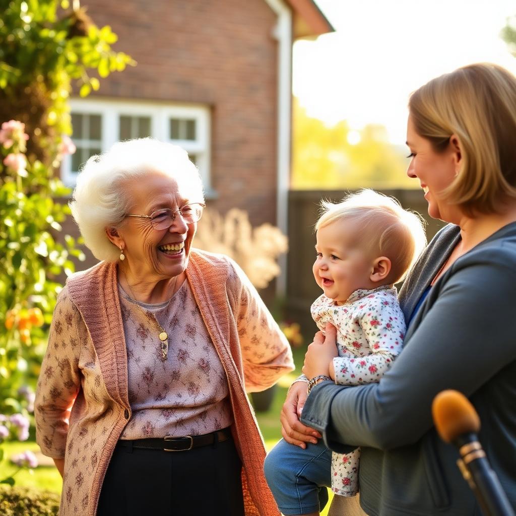 Grandmother enjoying a sunny garden with her daughter and grandchild